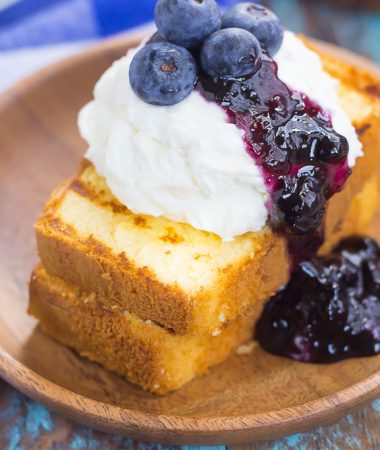 This Grilled Pound Cake with Mascarpone Cream and Blueberries is an easy dessert that's perfect for summer. Slices of pound cake are lightly grilled and topped with mascarpone whipped cream and blueberries. Fast, fresh, and simple to prepare, this dish is ready in less than 20 minutes and is sure to be a crowd-pleaser!