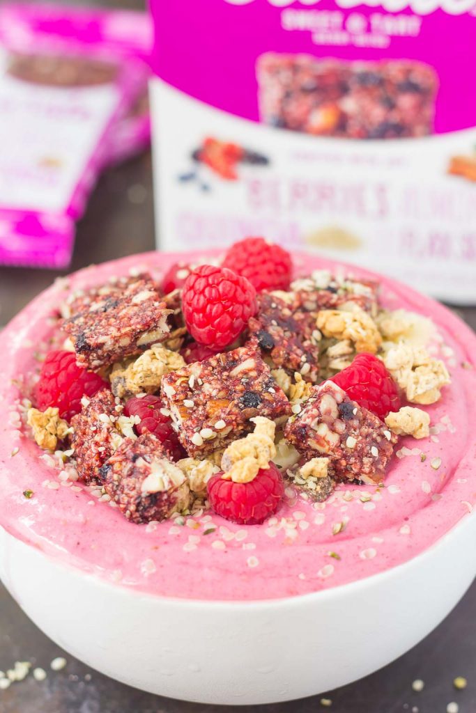 This Raspberry Almond Butter Smoothie Bowl is a delicious way to start your mornings off right. Packed with sweet raspberries, Greek yogurt, and almond butter, this bowl is bursting with flavor and just the right amount nutritious ingredients. Top this dish with a Curate Bar, granola, fruit, and more for a healthy breakfast or mid-morning snack!