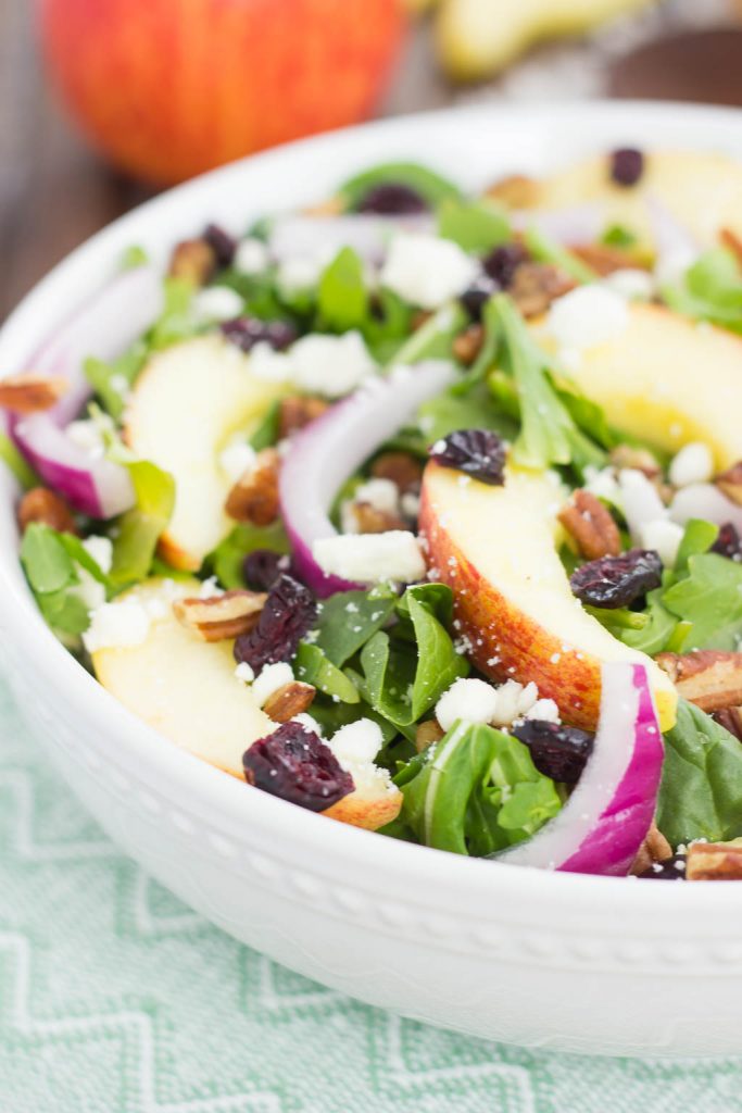 an apple cranberry salad in a large white bowl 