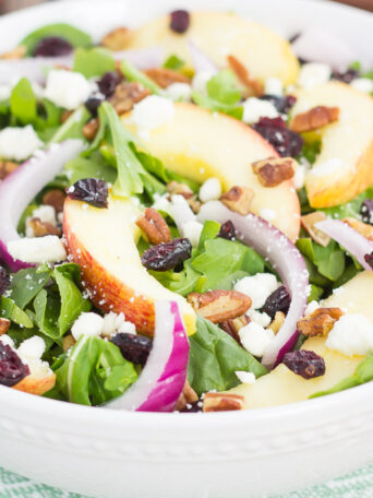 This Apple Cranberry Pecan Salad with Honey Cider Vinaigrette is sweet, savory, and comes together in minutes. Featuring fall-inspired ingredients, such as fresh apple slices, dried cranberries, red onion, pecans, and feta, this salad is full of flavor and makes a healthier lunch or dinner!