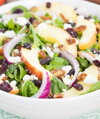This Apple Cranberry Pecan Salad with Honey Cider Vinaigrette is sweet, savory, and comes together in minutes. Featuring fall-inspired ingredients, such as fresh apple slices, dried cranberries, red onion, pecans, and feta, this salad is full of flavor and makes a healthier lunch or dinner!