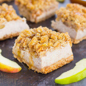 These Caramel Apple Cheesecake Bars are filled with an apple pie cheesecake batter and then sprinkled with tender apples, a sweet streusel topping, and a drizzle of caramel. Simple to prepare and even better to eat, this dessert captures the delicious flavors of fall!