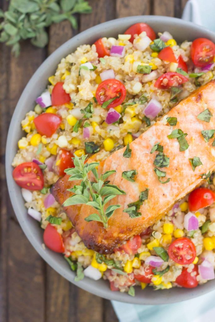 overhead view of a salmon quinoa bowl