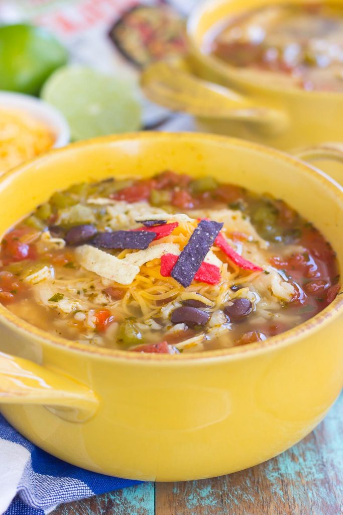 close up of a bowl of chicken fajita soup garnished with cheese and tortilla strips