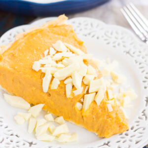 This Pumpkin White Chocolate Pie is filled with a creamy mixture of pumpkin and white chocolate pudding that's swirled to perfection. It's smooth, silky, and an easy, no-bake dessert!
