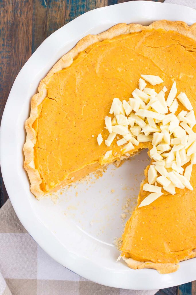 This Pumpkin White Chocolate Pie is filled with a creamy mixture of pumpkin and white chocolate pudding that's swirled to perfection. It's smooth, silky, and an easy, no-bake dessert!