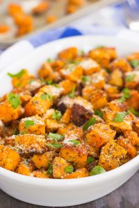 savory sweet potatoes in an oval dish