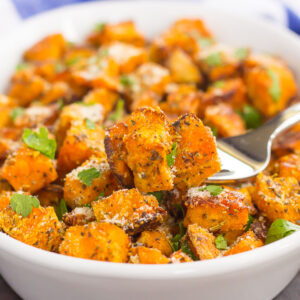 simple sweet potatoes in a bowl with a fork