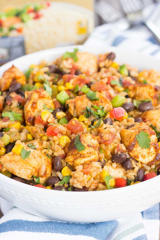 a southwest southwest chicken and rice bowl on a tea towel