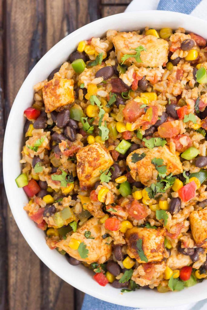 overhead view of a a southwest southwest chicken and rice bowl