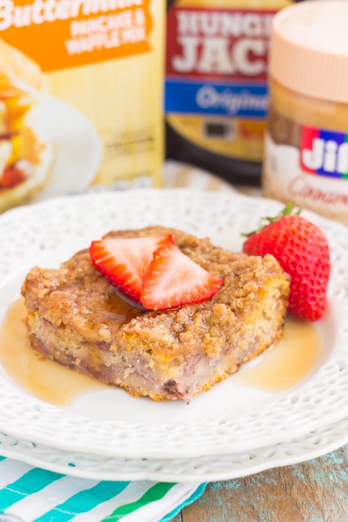 This Strawberry Cinnamon Pancake Casserole is a dish that the whole family will enjoy. Fluffy pancakes are studded with juicy strawberries, a cinnamon spread, and then baked until golden. Topped sweet streusel and maple syrup, this dish is a wholesome, feel-good meal!