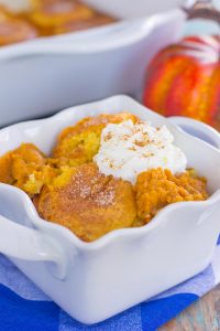 pumpkin cobbler in a white dish