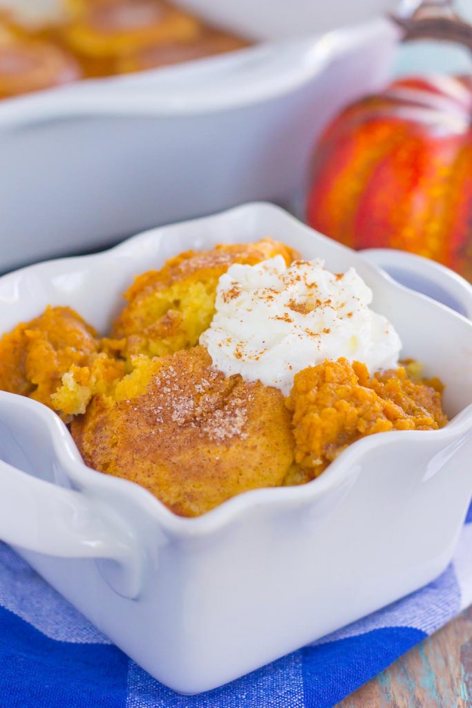 pumpkin cobbler in a white dish