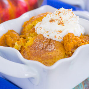 pumpkin cobbler in a white serving dish