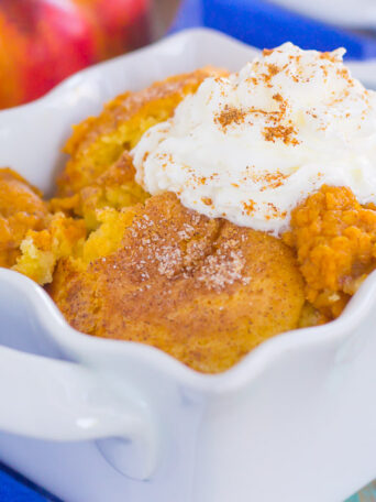 pumpkin cobbler in a white serving dish