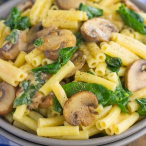 This Garlic Parmesan Pasta with Spinach and Mushrooms is an easy, 20 minute meal that the whole family will enjoy. Filled with fresh mushrooms, spinach, garlic and Parmesan cheese, this creamy pasta is bursting with flavor and ready in no time!