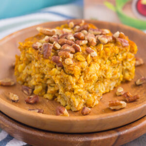 This Pumpkin Pie Baked Oatmeal is bursting with oats, sweet pumpkin, and cozy fall spices. Hearty, healthy and perfect for oatmeal lovers, this easy breakfast captures the flavors of the season!