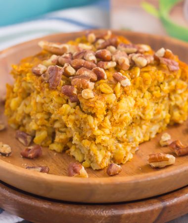 This Pumpkin Pie Baked Oatmeal is bursting with oats, sweet pumpkin, and cozy fall spices. Hearty, healthy and perfect for oatmeal lovers, this easy breakfast captures the flavors of the season!