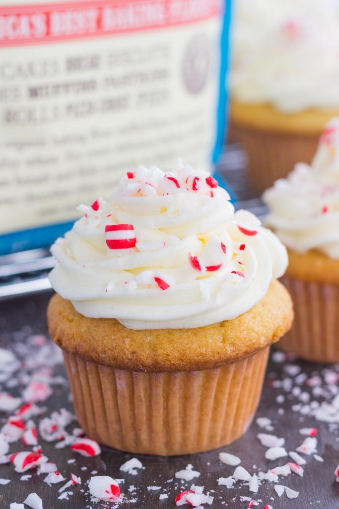 a vanilla cupcake from scratch topped with mint buttercream frosting 