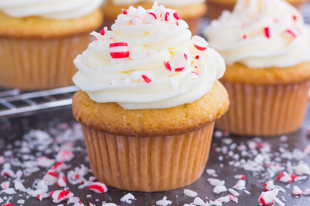vanilla cupcakes from scratch topped with peppermint frosting 