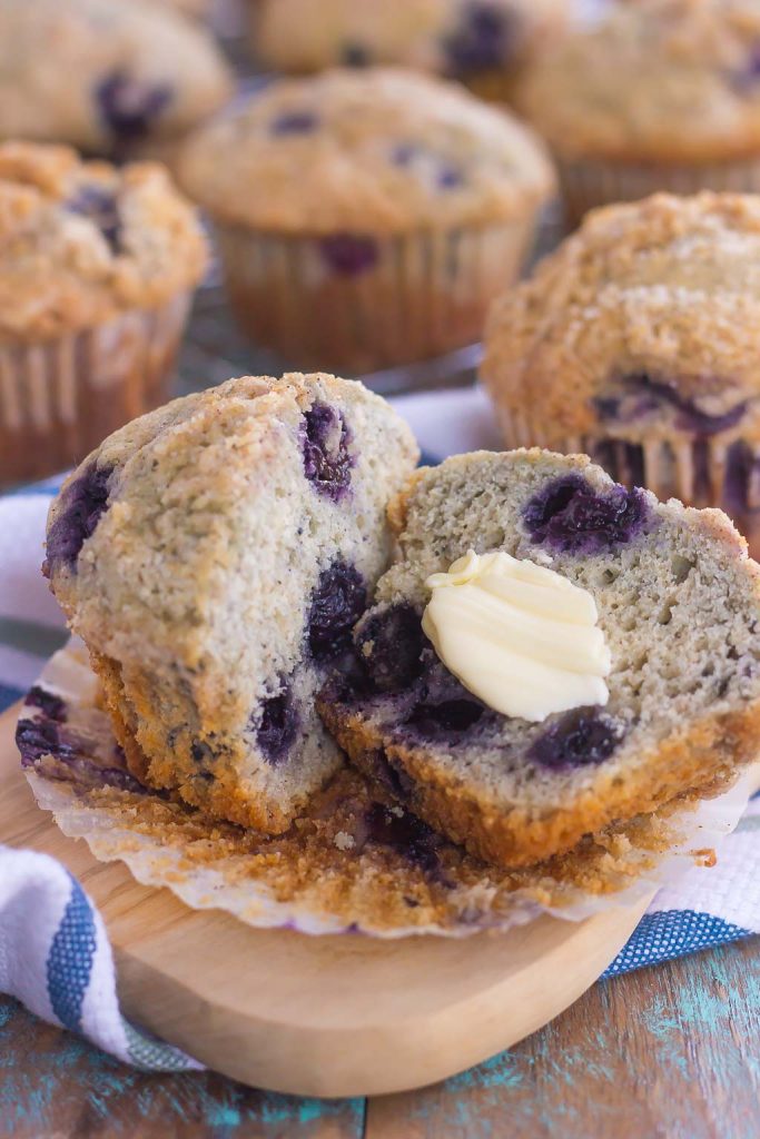 These Bakery Style Blueberry Muffins are filled with juicy blueberries that are swirled into a sweet batter and topped with a cinnamon streusel. Soft, moist, and bursting with flavor, these muffins are just as delicious as the ones that you would find at a bakery!