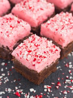 frosted peppermint brownies in squares