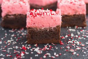 close up of peppermint brownie with crushed candy canes 