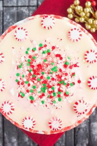 top down shot of a whole peppermint cheesecake