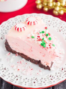 slice of no bake peppermint cheesecake