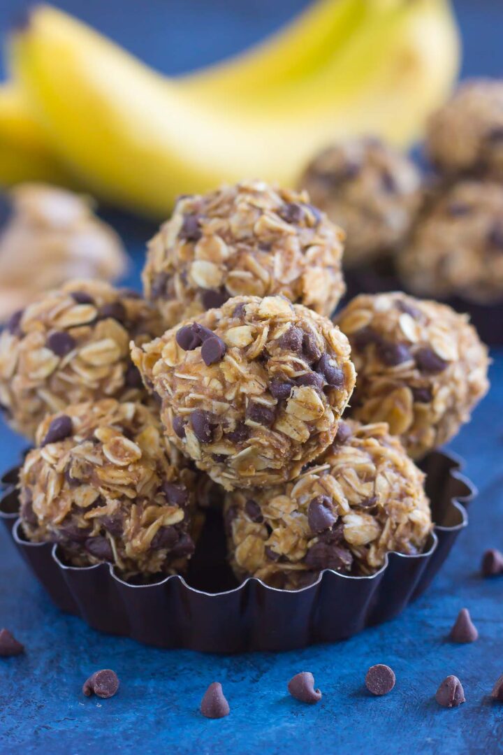 no bake energy bites in a metal dish