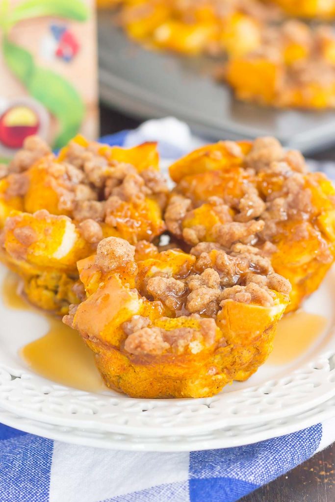 These Pumpkin French Toast Cups with Cinnamon Streusel are packed with cozy fall flavors and make the perfect weekend breakfast. Prepared the night before and made in a muffin tin, you can have this easy, lightened up dish ready to be devoured in no time! #pumpkin #pumpkinfrenchtoast #pumpkinfrenchtoastcups #pumpkinfrenchtoastmuffins #frenchtoastmuffins #frenchtoastrecipe #pumpkinbreakfast #fallbreakfast #breakfastrecipes #breakfast