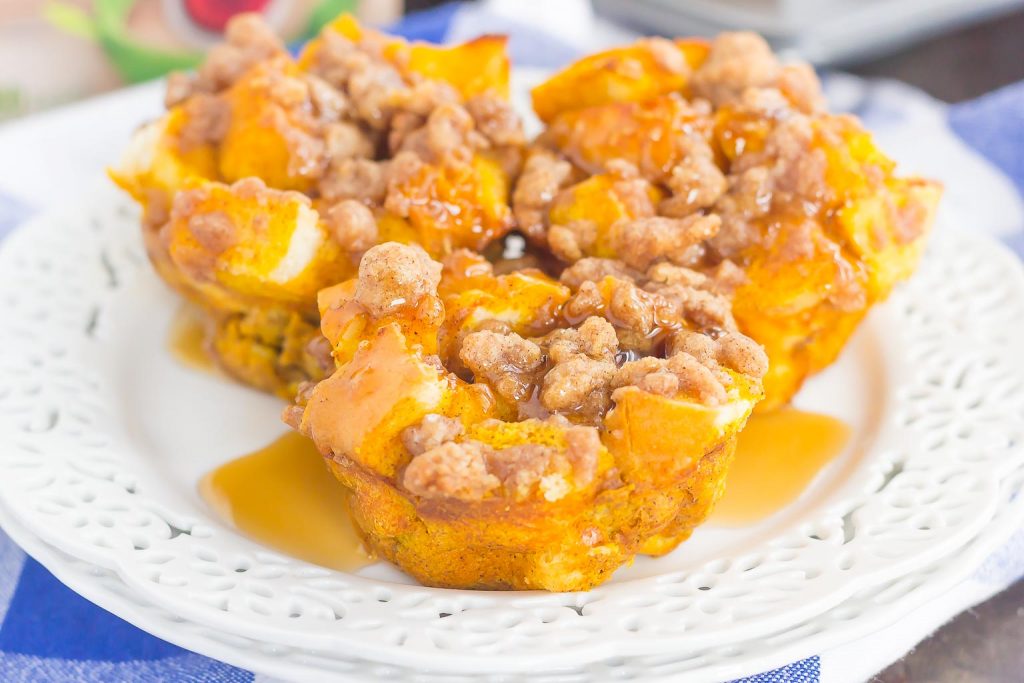 These Pumpkin French Toast Cups with Cinnamon Streusel are packed with cozy fall flavors and make the perfect weekend breakfast. Prepared the night before and made in a muffin tin, you can have this easy breakfast ready to be devoured in no time!