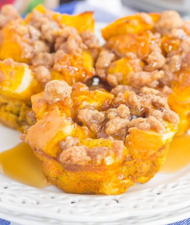 These Pumpkin French Toast Cups with Cinnamon Streusel are packed with cozy fall flavors and make the perfect weekend breakfast. Prepared the night before and made in a muffin tin, you can have this easy breakfast ready to be devoured in no time!