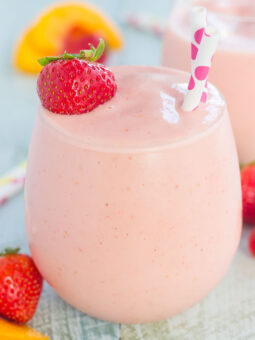 This Strawberry Peach Smoothie is thick, creamy, and packed with juicy strawberries and peaches. With just a few ingredients and hardly any prep time, this healthier breakfast or snack is perfect to satisfy your sweet tooth!