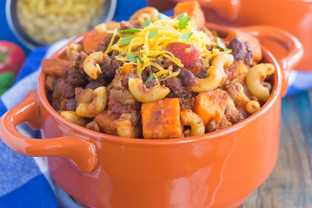 This Sweet Potato Chili Pasta is a one pot dish that's packed with the warm and comforting flavors of the season. Hearty, thick, and filled with sweet potatoes, beef, black beans, and pasta, you'll love this easy meal!