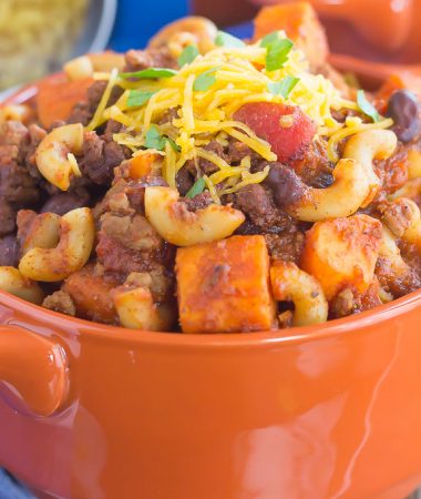 This Sweet Potato Chili Pasta is a one pot dish that's packed with the warm and comforting flavors of the season. Hearty, thick, and filled with sweet potatoes, beef, black beans, and pasta, you'll love this easy meal!