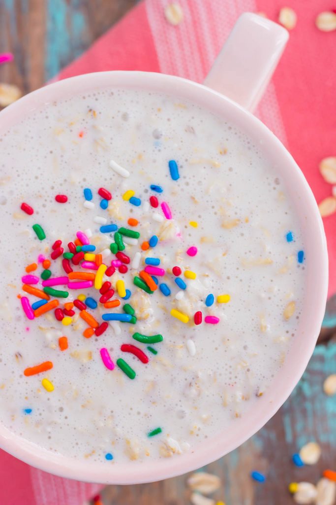 Cake Batter Overnight Oats are a sweet and healthier make-ahead breakfast. Hearty oats, Greek yogurt, and milk combine with the classic taste of cake batter, in oatmeal form. Whether you like your oats hot or straight from the fridge, this easy breakfast will fuel you all morning long!