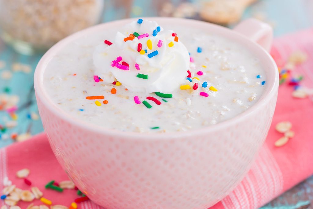 Cake Batter Overnight Oats are a sweet and healthier make-ahead breakfast. Hearty oats, Greek yogurt, and milk combine with the classic taste of cake batter, in oatmeal form. Whether you like your oats hot or straight from the fridge, this easy breakfast will fuel you all morning long!