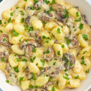 top down view of gnocchi pasta with mushrooms