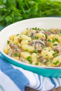 zoomed in shot of skillet gnocchi pasta with cream sauce