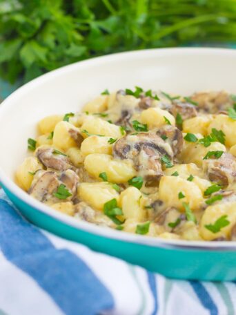 zoomed in shot of gnocchi pasta with cream sauce