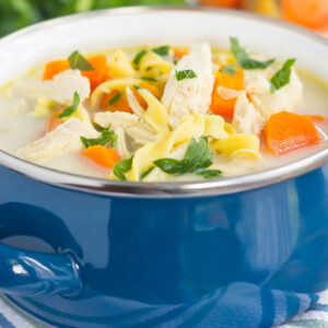 This Slow Cooker Lightened Up Creamy Chicken Noodle Soup is loaded with chicken, fresh vegetables, and tender noodles, all tossed in a creamy broth. Warm, comforting, and lightened up, you can feel good about indulging in the classic soup, with a creamy twist!