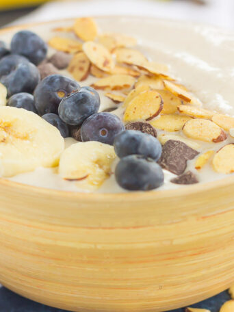 Filled with bananas, almond butter, and good-for-you ingredients, this Banana Nut Smoothie Bowl is a delicious way to start your day. Add your favorite toppings and your healthy, protein-filled bowl makes a deliciously simple breakfast or snack!