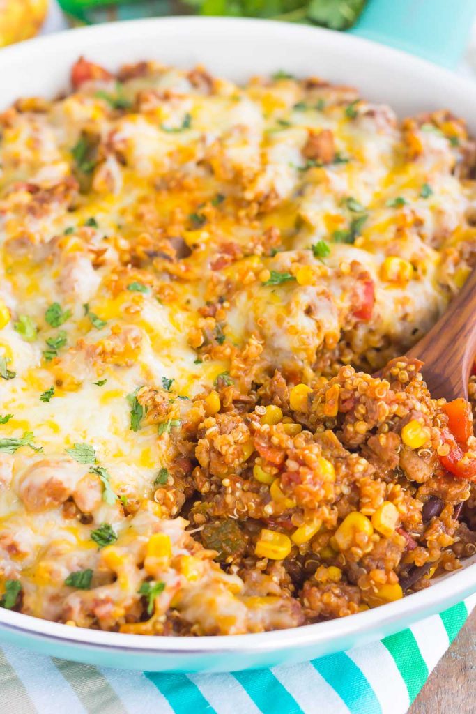 This Black Bean Taco Quinoa Skillet is an easy, one pan meal that the whole family will enjoy. Loaded with quinoa, black beans, veggies, and spices, this healthier dish is sure to be a dinnertime favorite!