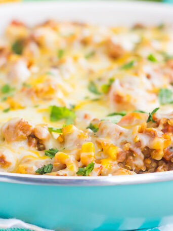 This Black Bean Taco Quinoa Skillet is an easy, one pan meal that the whole family will enjoy. Loaded with quinoa, black beans, veggies, and spices, this healthier dish is sure to be a dinnertime favorite!