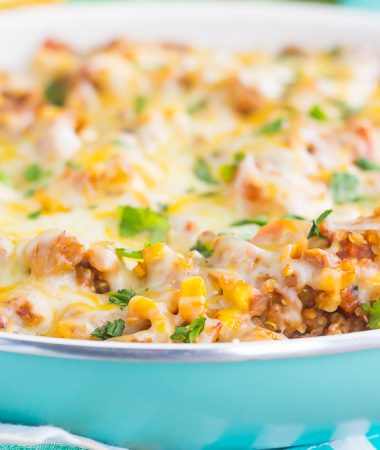 This Black Bean Taco Quinoa Skillet is an easy, one pan meal that the whole family will enjoy. Loaded with quinoa, black beans, veggies, and spices, this healthier dish is sure to be a dinnertime favorite!
