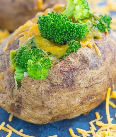 Seasoned potatoes are baked until soft and fluffy on the inside and crisp on the outside. Topped with fresh broccoli and a sprinkling of cheddar cheese, these Broccoli Cheddar Stuffed Baked Potatoes make deliciously easy "meal for one" that's packed with flavor!