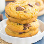 These Chocolate Chunk Peanut Butter Cup Cookies are soft, chewy, and loaded with chocolate chunks and mini peanut butter cups. The dough comes together quickly and is an easy dessert that is sure to impress every chocolate and peanut butter lover!