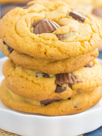 These Chocolate Chunk Peanut Butter Cup Cookies are soft, chewy, and loaded with chocolate chunks and mini peanut butter cups. The dough comes together quickly and is an easy dessert that is sure to impress every chocolate and peanut butter lover!