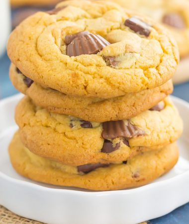 These Chocolate Chunk Peanut Butter Cup Cookies are soft, chewy, and loaded with chocolate chunks and mini peanut butter cups. The dough comes together quickly and is an easy dessert that is sure to impress every chocolate and peanut butter lover!